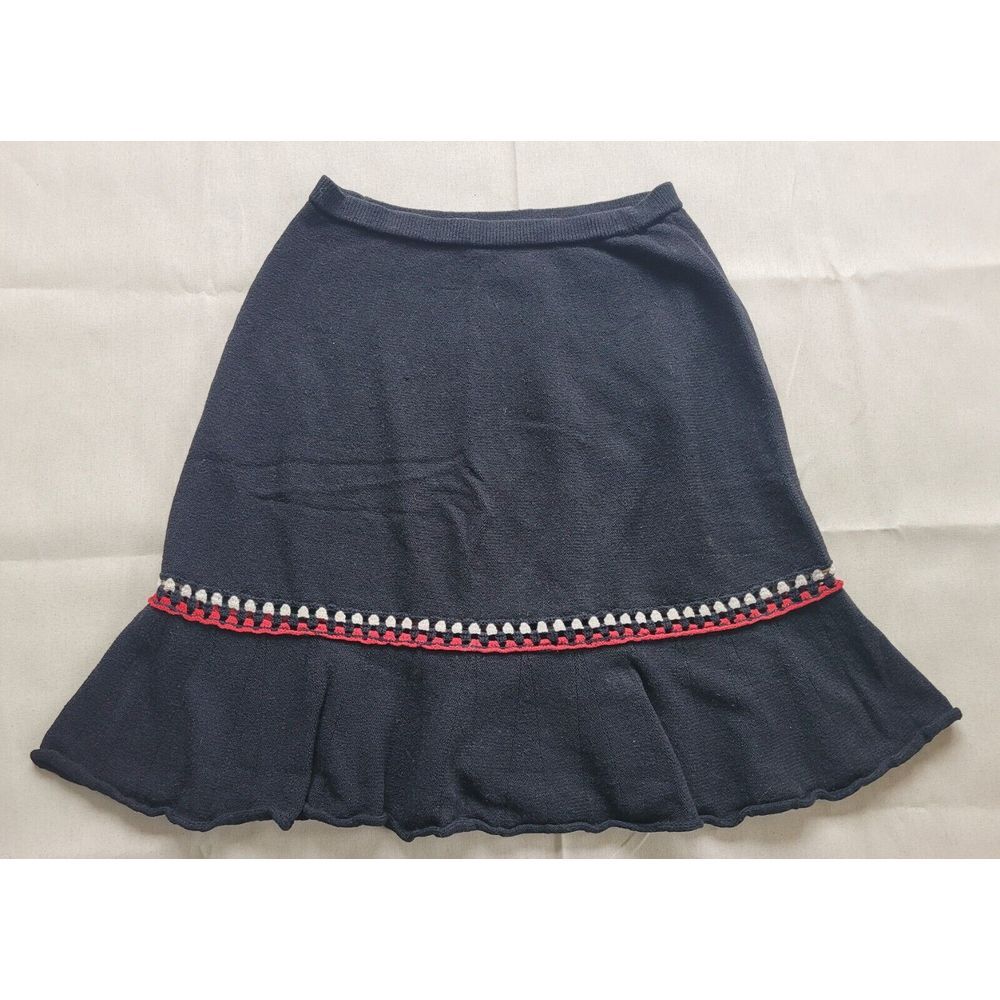 Vintage 70s Black‎ Skirt Knit Academia Casual Ruffle Hem M Retro Mid Length